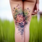 A vibrant watercolor lotus flower tattoo on the thigh, with surrounding floral elements and delicate ink splatters. A beautiful and spiritual tattoo design.