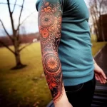 Detailed mandala sleeve tattoo with intricate geometric patterns and warm, earthy tones, covering the forearm.