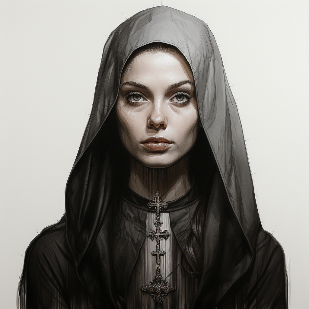 Realistic black and grey portrait tattoo of a nun with a contemplative expression, suitable for a chest or back piece.