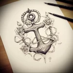 Detailed black and grey tattoo sketch of an anchor with roses and a bead strand, showcasing intricate shading and delicate line work, ideal for a shoulder.