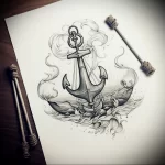 Highly detailed black and grey tattoo sketch of an anchor emerging from swirling waves, with wispy smoke-like elements, ideal for a full back piece.
