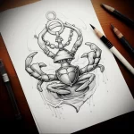 Black and grey sketch of an anchor with a crab clinging to it, symbolizing resilience, protection, and a connection to the sea.