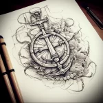Black and grey anchor tattoo with compass rose and roses, detailed shading, realistic style, suitable for a sleeve.