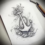 Black and grey sketch of an anchor with roses and rope, featuring detailed shading and linework, suitable for a forearm or calf tattoo.