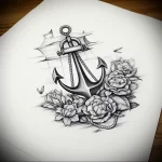 Black and grey sketch of an anchor with roses and a ship, showcasing detailed shading and linework, ideal for forearm or shoulder placement.