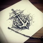 Black and grey tattoo sketch featuring an anchor and ship wheel with swirling waves, a classic nautical design for the back or chest.