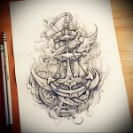 Highly detailed blackwork tattoo sketch featuring an anchor, a ship's wheel, rope, and sea creatures, ideal for a full sleeve.