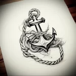 Black and grey tattoo sketch of an anchor enveloped in thick rope, showcasing realistic shading and a traditional maritime style, suitable for a calf sleeve.