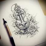 Black and grey tattoo sketch of an anchor with roses, featuring detailed shading and linework. Suitable for a sleeve or back piece.