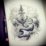Black and grey tattoo sketch featuring a ship wheel engulfed by crashing waves, with dynamic lines and detailed shading.