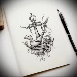 Black and grey tattoo sketch featuring an anchor with a bird perched upon it, surrounded by floral elements. A symbolic design for forearm or shoulder.