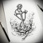 Black and grey anchor tattoo sketch with detailed floral elements, rope, and chain. Ideal for forearm or shoulder placement, showcasing traditional tattoo art.