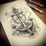 Black and grey sketch of an anchor with a compass, rope, and flowing drapery, ideal for a shoulder or back tattoo design.