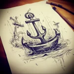 Dramatic black and grey sketch of an anchor with a ship in stormy seas, ideal for a full back or sleeve tattoo. Traditional style.