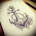 Black and grey sketch of an anchor surrounded by flowers and rope, ideal for a forearm or shoulder tattoo. Traditional style.