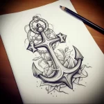 Black and grey sketch of an anchor with rope and floral details, perfect for a sleeve or chest tattoo. Traditional style.