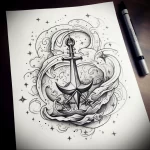 Black and grey sketch of an anchor with a compass, surrounded by swirling clouds and stars, showcasing a dreamy tattoo design.