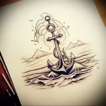 Black and grey sketch of an anchor with rope, set against a seascape with mountains and birds, showcasing a traditional tattoo style.