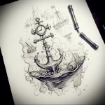 Detailed black and grey tattoo sketch featuring an anchor, sailing ships, a clock, and swirling water, ideal for a shoulder or back piece.