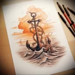 Watercolor style tattoo design featuring an anchor against a vibrant sunset, with waves and birds, ideal for a shoulder or thigh placement.