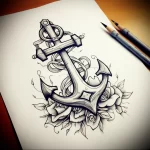 Detailed black and grey tattoo sketch of an anchor surrounded by roses, featuring intricate linework and shading, perfect for a sleeve or back piece.