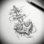 Detailed black and grey anchor tattoo sketch with roses, a sun, and celestial details, perfect for a shoulder or back piece, in a neo-traditional style.