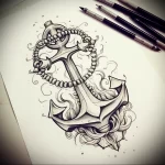 Detailed blackwork tattoo sketch featuring an anchor with a skull incorporated, surrounded by rope and floral elements, suitable for a sleeve or back piece.