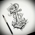 Detailed black and grey sketch of an anchor entwined with roses and rope, perfect for a sleeve or back piece.