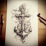Black ink sketch of an anchor tattoo with flowing lines, detailed rope, and shading, suitable for a forearm or calf.