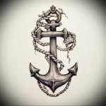Black and grey sketch of a traditional anchor tattoo with detailed rope work, suitable for a forearm or shoulder. Nautical, vintage style.