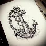 Detailed black and grey sketch of an anchor adorned with floral elements and swirling designs, perfect for a sleeve tattoo.