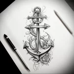 Detailed black and grey anchor tattoo sketch with roses and rope, perfect for a shoulder or upper arm design.