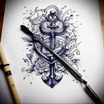 Detailed neo-traditional tattoo sketch featuring an anchor with roses, ribbons bearing text, and a heart, rendered in bold black ink. Suitable for a sleeve or back piece.