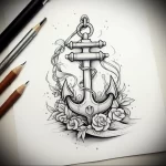 Black and grey tattoo sketch of an anchor adorned with roses, featuring detailed shading and a traditional aesthetic, suitable for an arm sleeve.