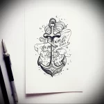 Detailed black ink sketch of an anchor with a banner reading 'Woe to the Love', showcasing fine line work and traditional tattoo style.
