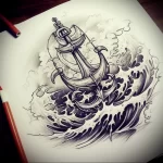 Black and grey sketch of a nautical tattoo featuring an anchor amidst crashing waves, ideal for a forearm or calf.