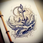 Black and grey tattoo sketch featuring an anchor rising from crashing waves, with rope details and bubble accents, showcasing a nautical theme.