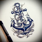 Black and grey tattoo sketch of an anchor with swirling lines and shading, showcasing a modern and dynamic style. Suitable for a calf or back piece.