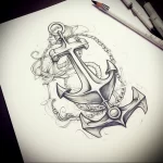 Intricate black ink sketch of an anchor with rope, chain, and foliage, showcasing a detailed nautical theme. Suitable for a large back piece.