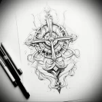 Highly detailed black and grey tattoo sketch of an anchor adorned with baroque flourishes, scrolls, and ornamental details, a luxurious and elaborate design for a sleeve.