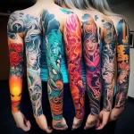 A stunning full backpiece tattoo featuring multiple panels, each with a unique portrait and vibrant color scheme. The style is a blend of realism and neo-traditional.