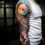 Colorful tattoo featuring planets, stars, and mechanical elements, on the upper arm. Intricate details and a vibrant, otherworldly aesthetic.