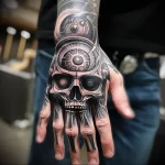 Black and grey biomechanical tattoo covering the entire hand, featuring a skull integrated with gears and mechanical parts. Highly detailed and intricate design.