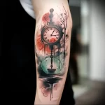 Black and grey forearm tattoo featuring a pocket watch, roses, a key, and dripping ink. A symbolic and artistic ink idea.