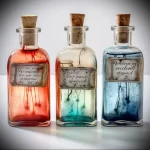 Three glass bottles filled with colorful liquids and labeled with old-fashioned script, resembling alchemical potions.
