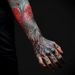 Black and red tattoo sleeve on a man's arm, featuring a blossoming tree with intricate root systems and vibrant cherry blossoms.