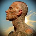 Detailed black and grey tattoo covering a man's head and neck, featuring celestial and floral motifs, showcasing intricate linework and shading.