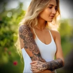 Woman with a full floral tattoo sleeve on her right arm, posing outdoors. Black and grey linework with delicate floral designs.