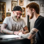 A photograph of a bearded tattoo artist with sleeve tattoos consulting with a client over a tattoo design in a well-lit studio.