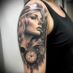 Black and grey tattoo of a woman's face with a pocket watch, placed on the upper arm. Realistic portraiture and detailed clockwork design.